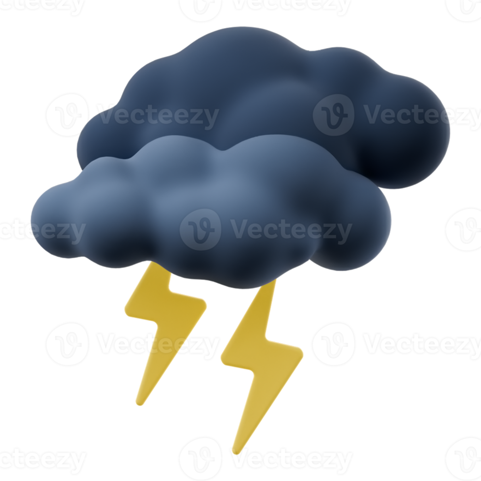 3D cartoon weather rain clouds with thunderstorm. Dark cloud sign with lightning isolated on transparent background. 3d render illustration. png