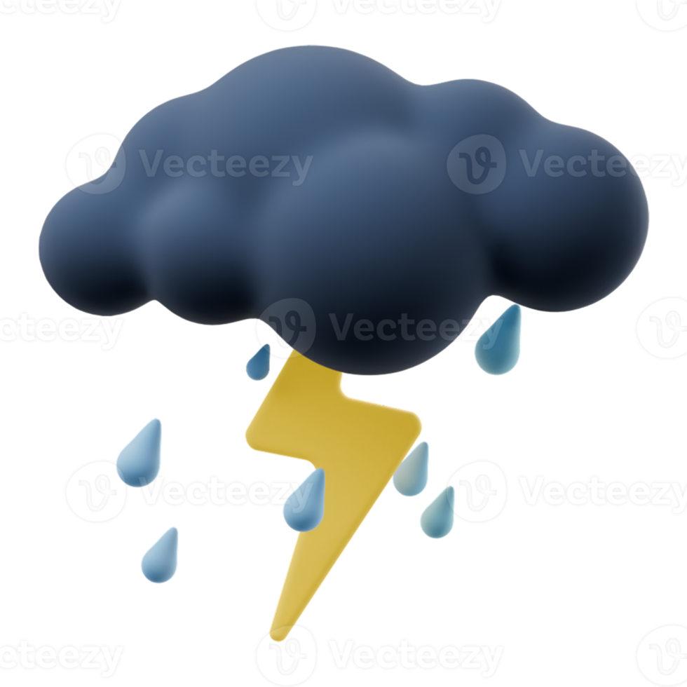 3D cartoon weather rain clouds with thunderstorm. Dark cloud sign with lightning isolated on transparent background. 3d render illustration. png