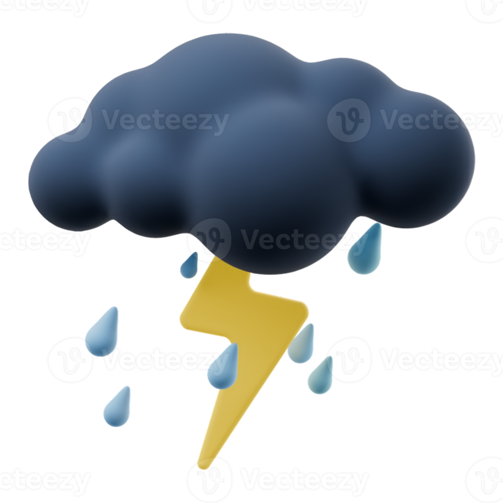 3d cartone animato tempo metereologico pioggia nuvole con temporale. buio nube cartello con fulmine isolato su trasparente sfondo. 3d rendere illustrazione. png