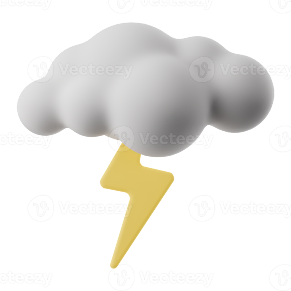 Tormenta de tiempo de dibujos animados en 3D, relámpagos. signo de nube de luz con relámpagos aislado sobre fondo transparente. Ilustración de procesamiento 3d. png