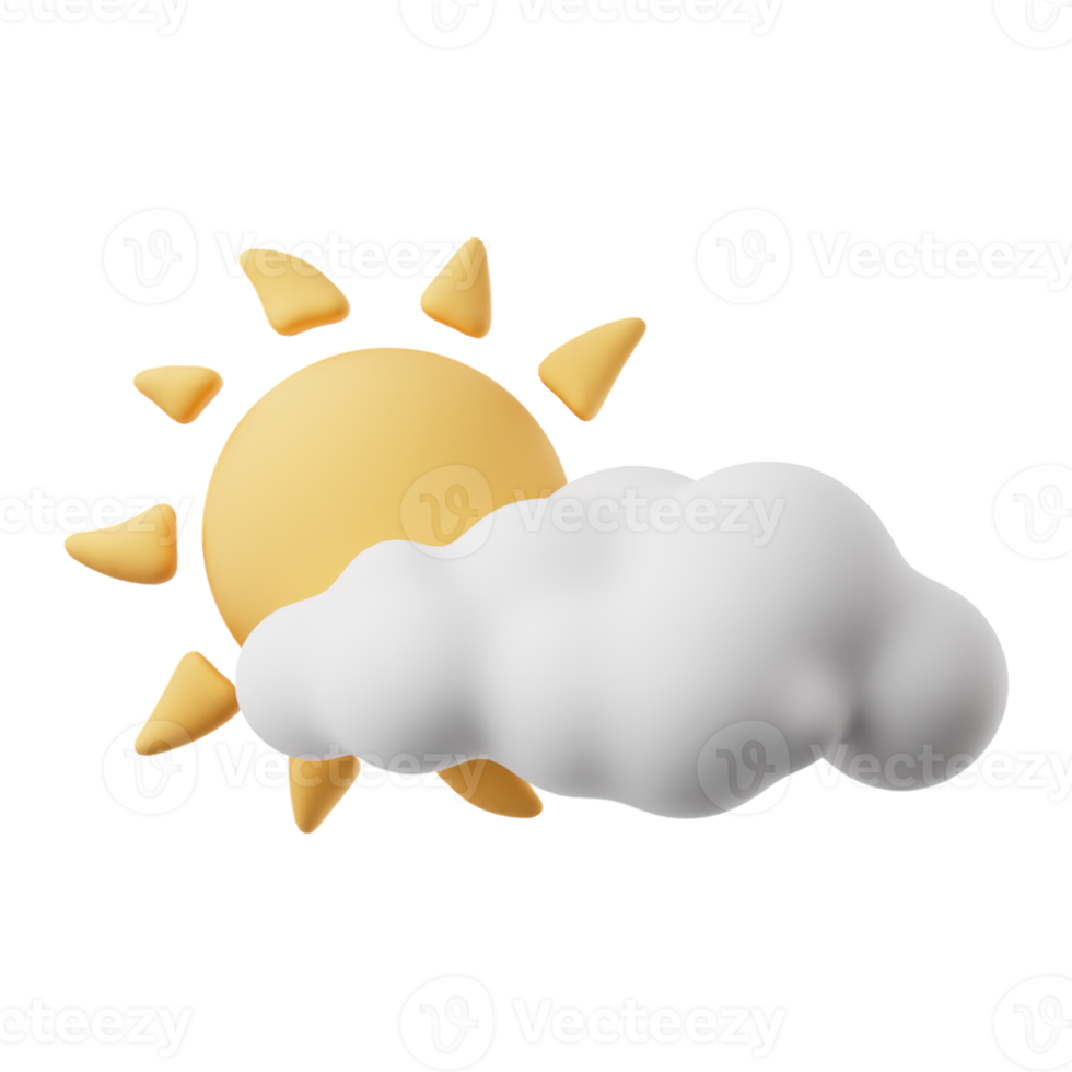 3D-Cartoon-Wettersymbol von teilweise bewölkt. zeichen der sonne und der wolke lokalisiert auf transparentem hintergrund. Illustration von 3D-Rendering. png