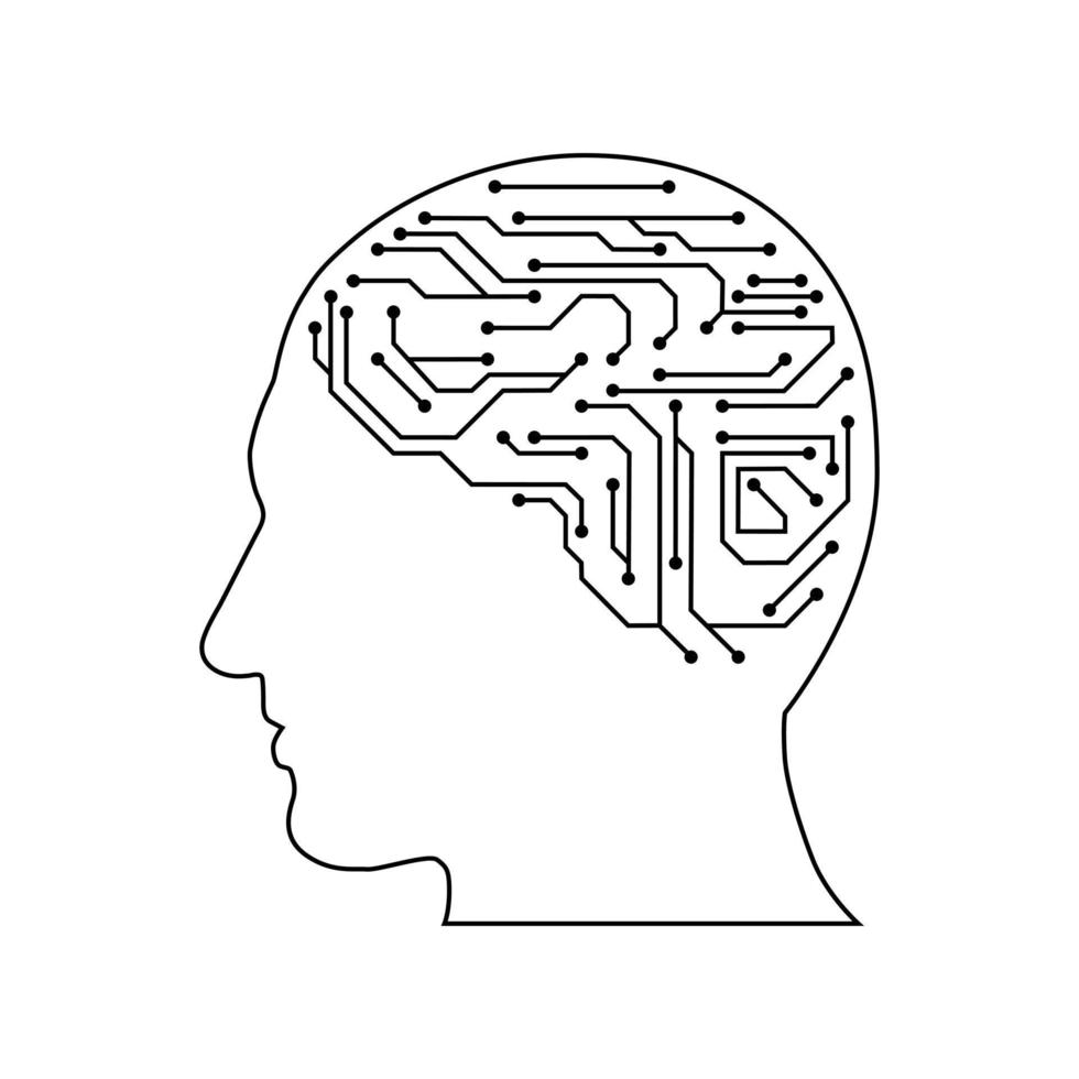 head in style of Printed circuit board outline illustration. Futuristic artificial intelligence design theme. Modern technology networking for design element vector