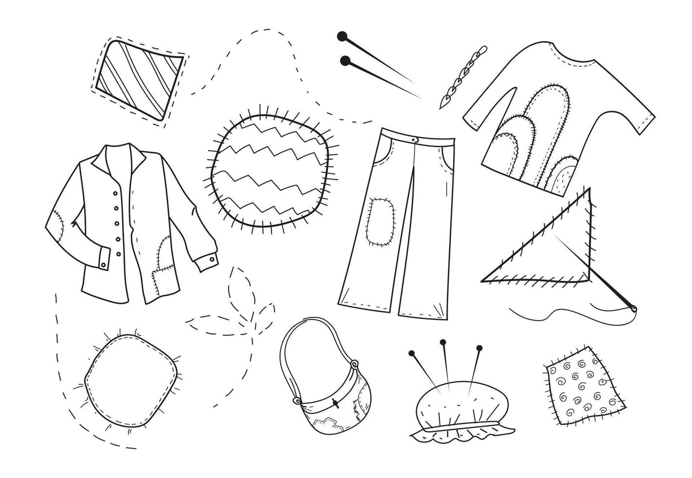 Mending clothes.Vector doodle hand drawn set of sewing cloth patches