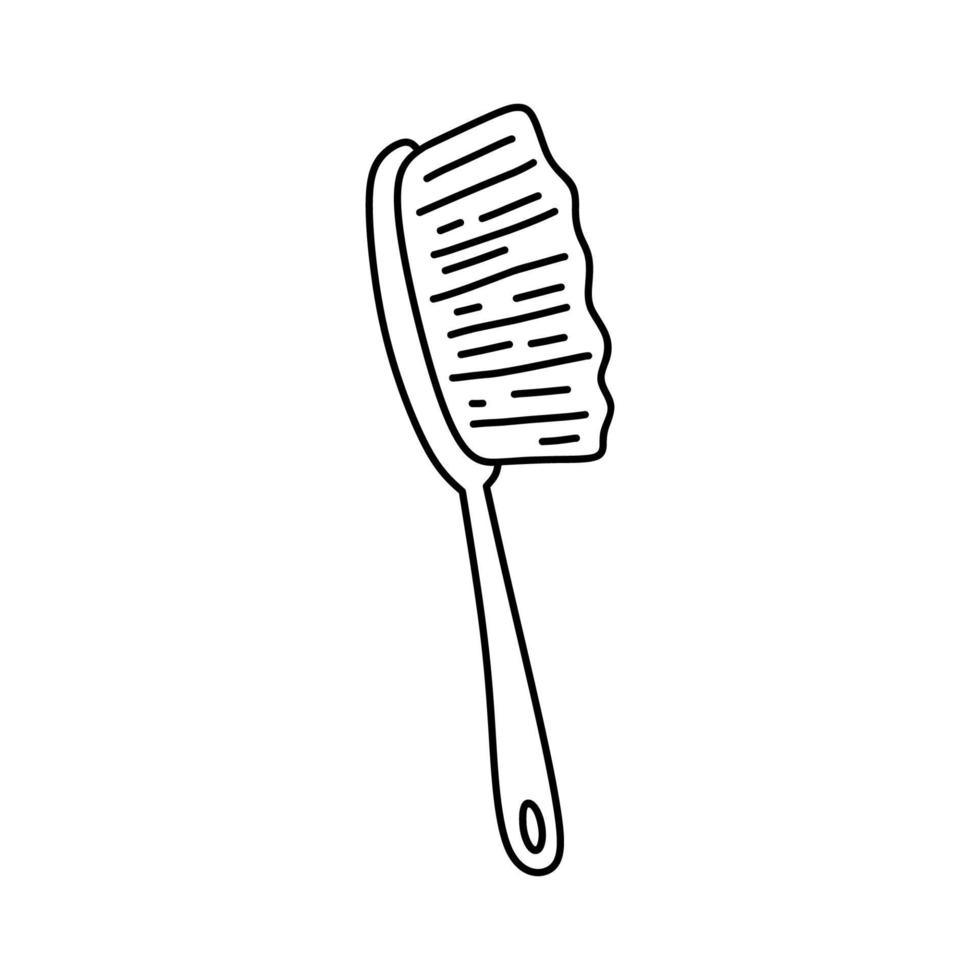 Dry body brush isolated on white background. Accessory for washing, personal hygiene, skincare. Vector hand-drawn illustration in doodle style. Perfect for decorations, logo, various designs.