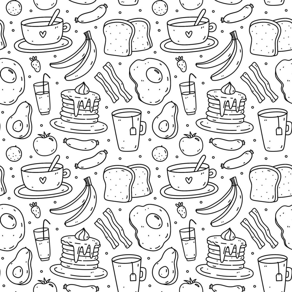 Cute seamless pattern with breakfast food - fried eggs, bacon, toast, coffee, avocado, pancakes, fruits. Vector hand-drawn illustration in doodle style. Perfect for print, wrapping paper, wallpaper.