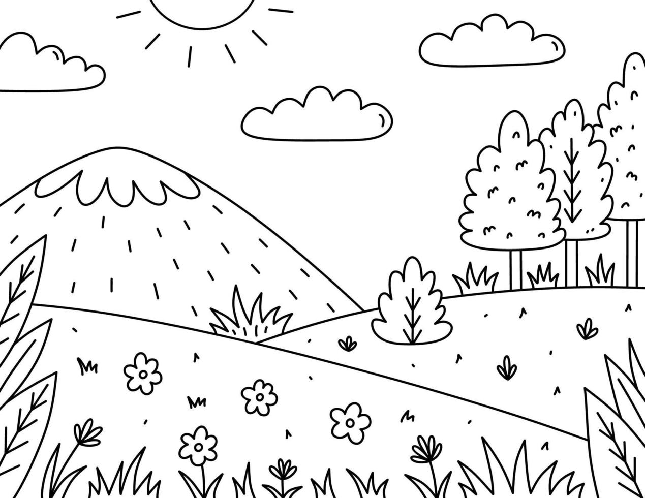 Cute kids coloring page. Landscape with sun, clouds, mountains, field, trees, bushes and flowers. Vector hand-drawn illustration in doodle style. Cartoon coloring book for children.