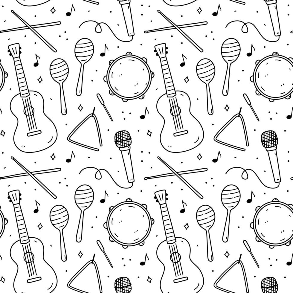 Cute seamless pattern with musical instruments - drumsticks, maracas,  triangle, tambourine, microphone and guitar. Vector hand-drawn illustration  in doodle style. Perfect for decorations, wallpaper. 12807070 Vector Art at  Vecteezy