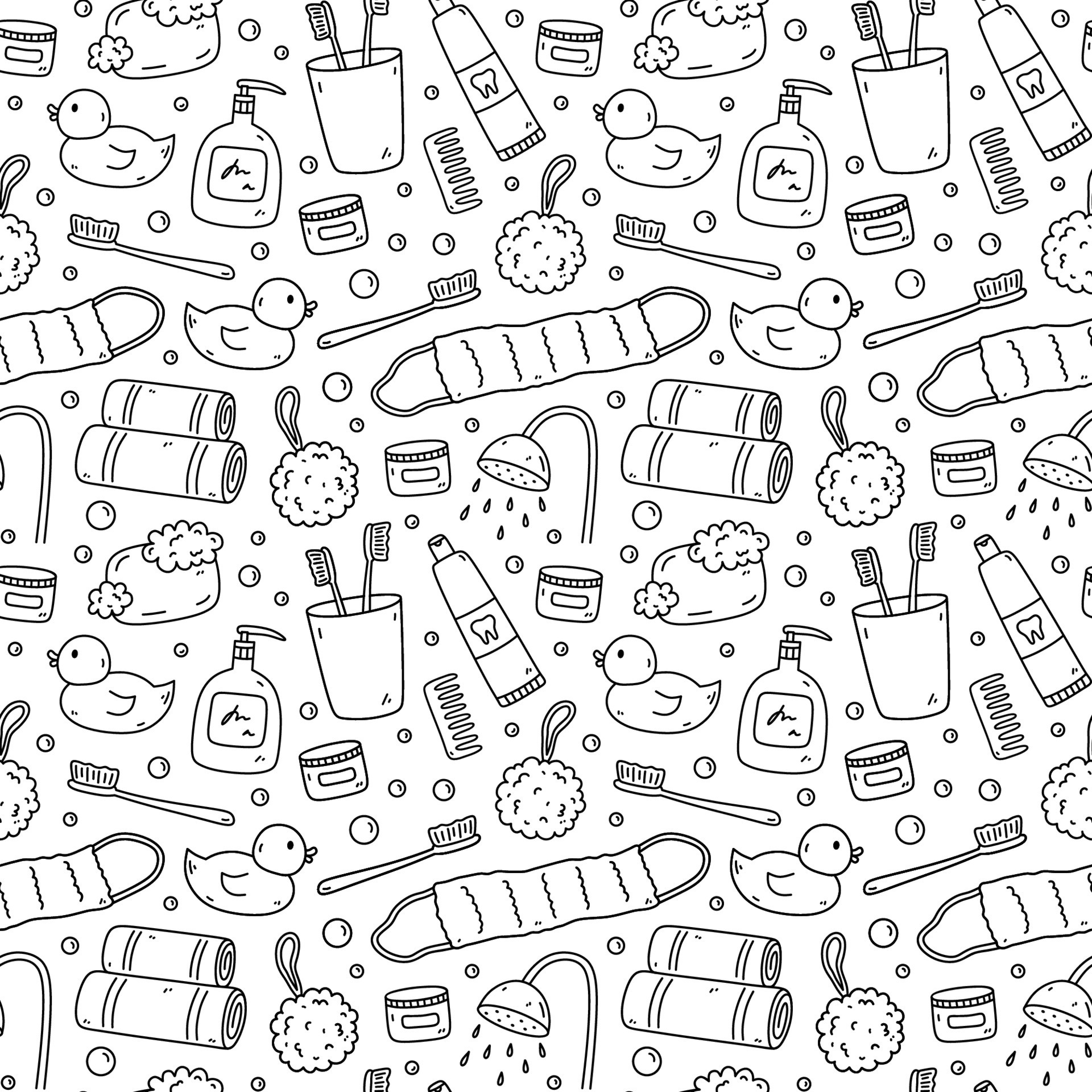 Seamless pattern with bath accessories - shampoo, rubber duck