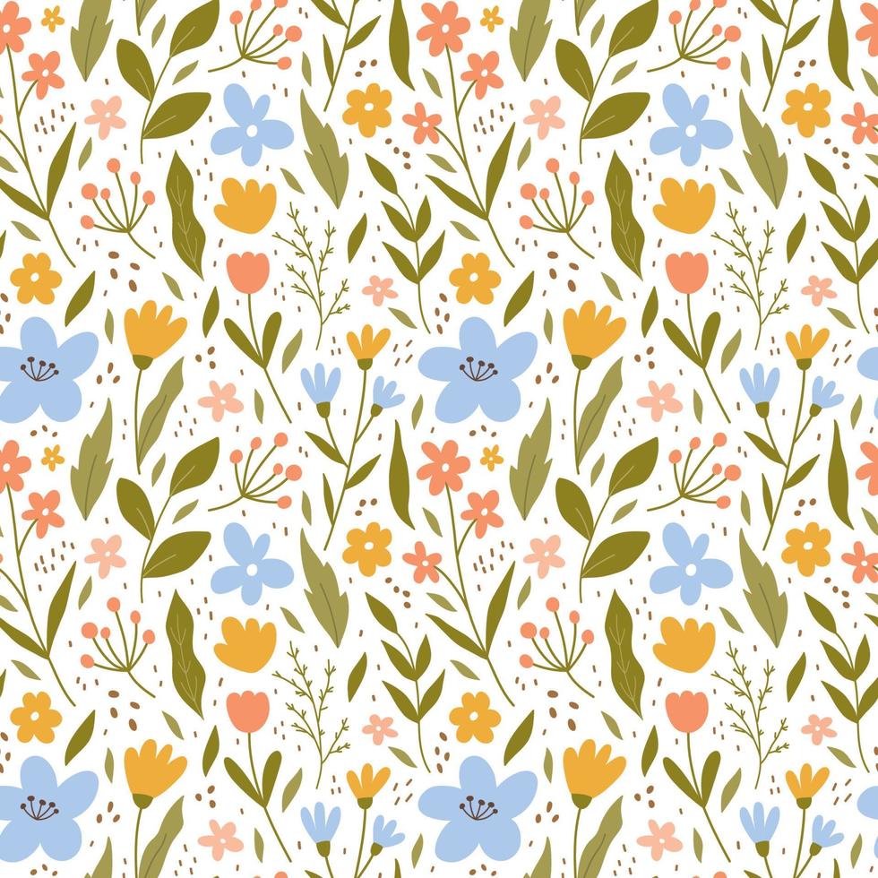 Botanical seamless pattern with meadow flowers, leaves and branches. Vector illustration in hand-drawn flat style. Perfect for decorations, wallpaper, wrapping paper, fabric. Floral background.