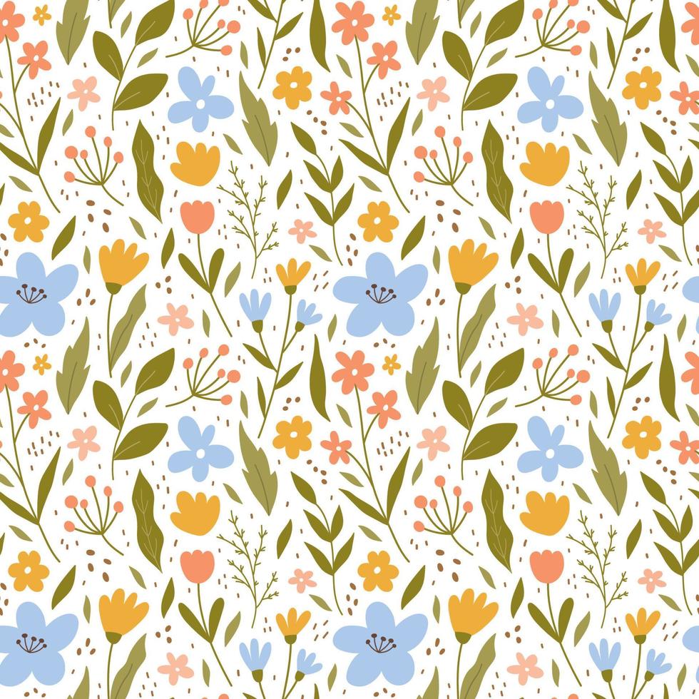 Botanical seamless pattern with meadow flowers, leaves and branches. Vector illustration in hand-drawn flat style. Perfect for decorations, wallpaper, wrapping paper, fabric. Floral background.