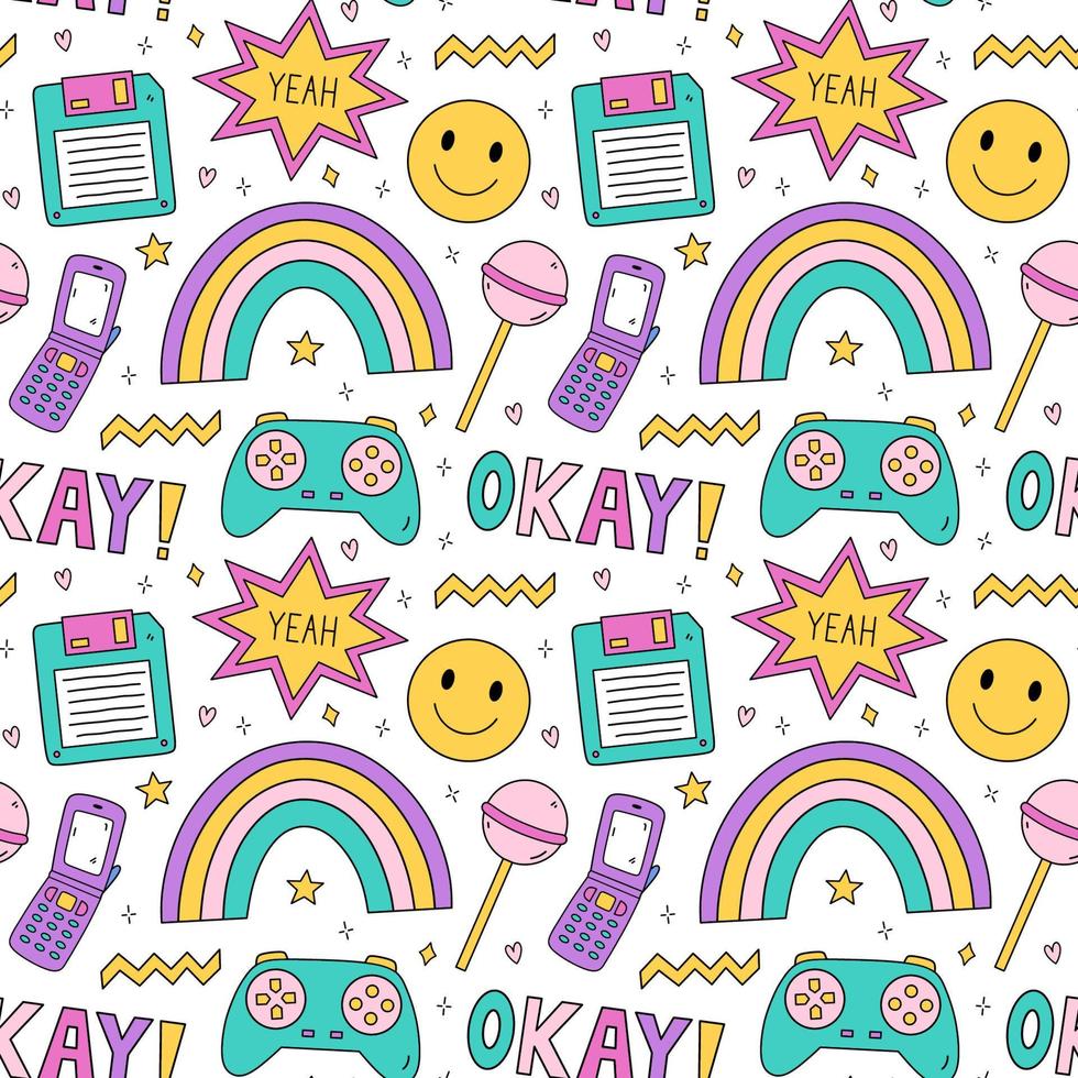 Bright seamless pattern with items from the nineties - retro flip phone, joystick, floppy disk, smile, chupa chups, stars and rainbows on checkered background. Nostalgia for the 1990s. Funny print. vector