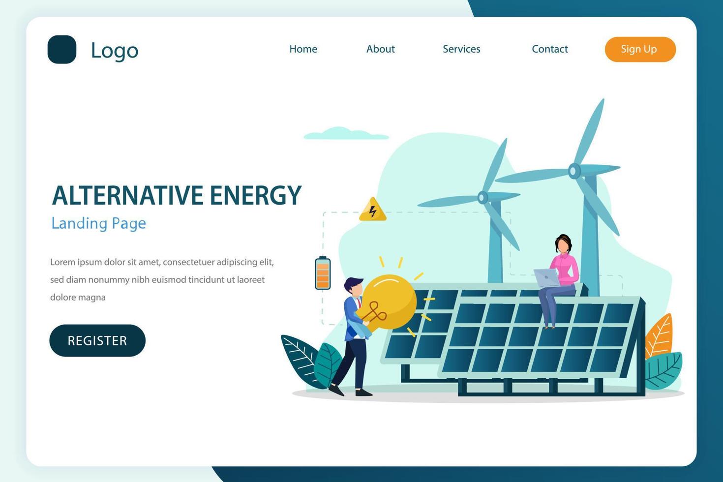 plantilla de vector plano de sitio web de página de destino de energía alternativa