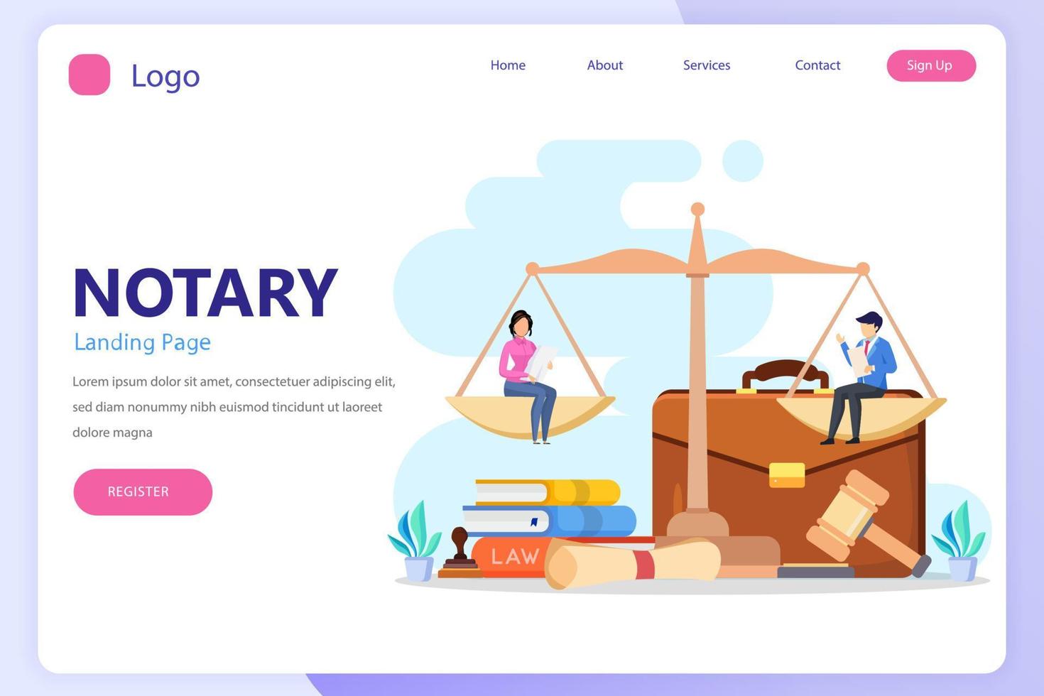 Notary services and legal assistance concept. landing page website flat vector template