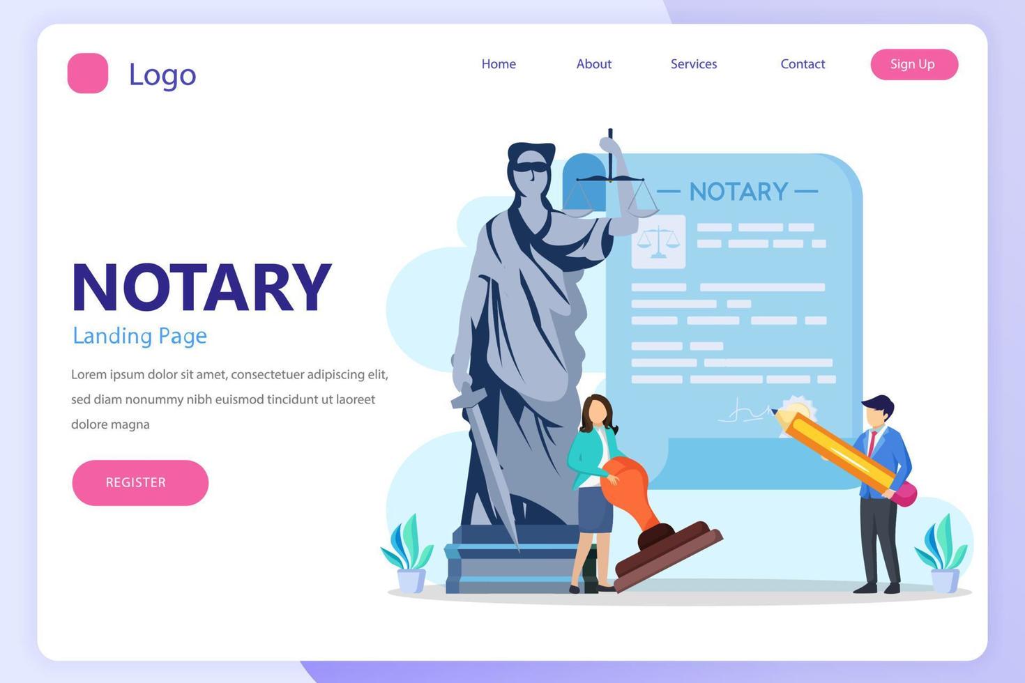 Notary services and legal assistance concept. landing page website flat vector template