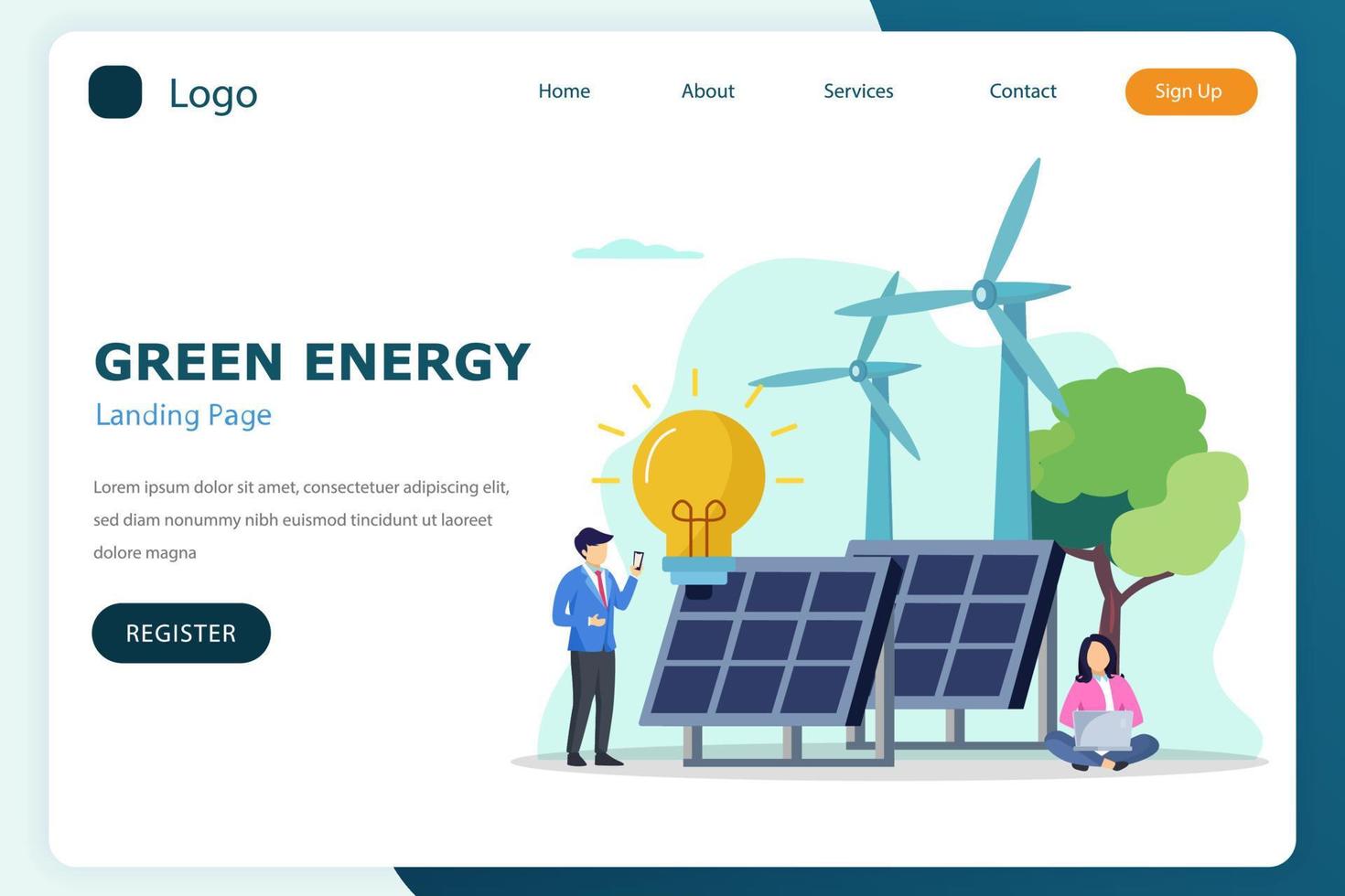 plantilla de vector plano de sitio web de página de destino de energía verde