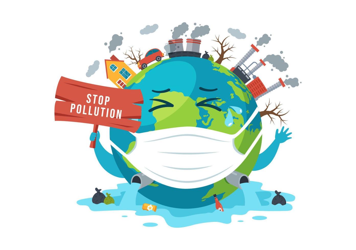 día nacional de prevención de la contaminación para la campaña de  concienciación sobre problemas de fábricas, bosques o vehículos en una  ilustración plana de dibujos animados dibujados a mano de plantilla 12807392