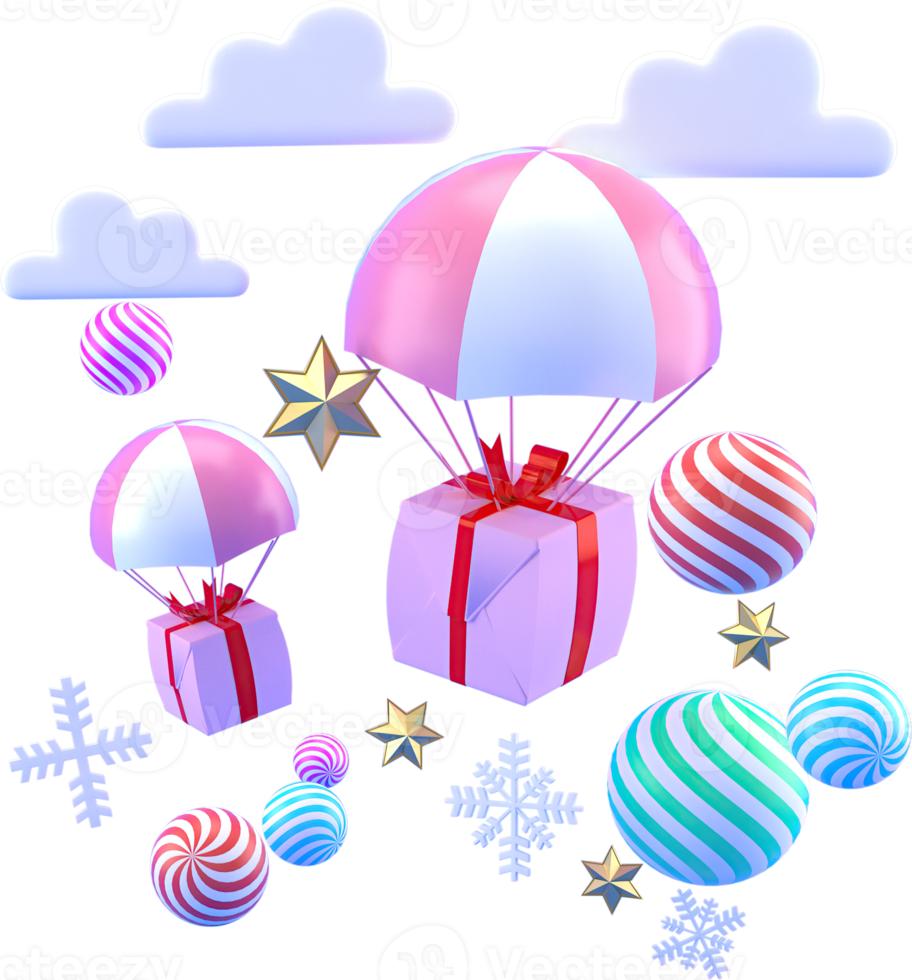 3d renderen Kerstmis of nieuw jaar elementen achtergrond met decoratief ster, ballen, sneeuw en geschenk dozen. kleurrijk cadeaus voor vakantie. modern ontwerp. png