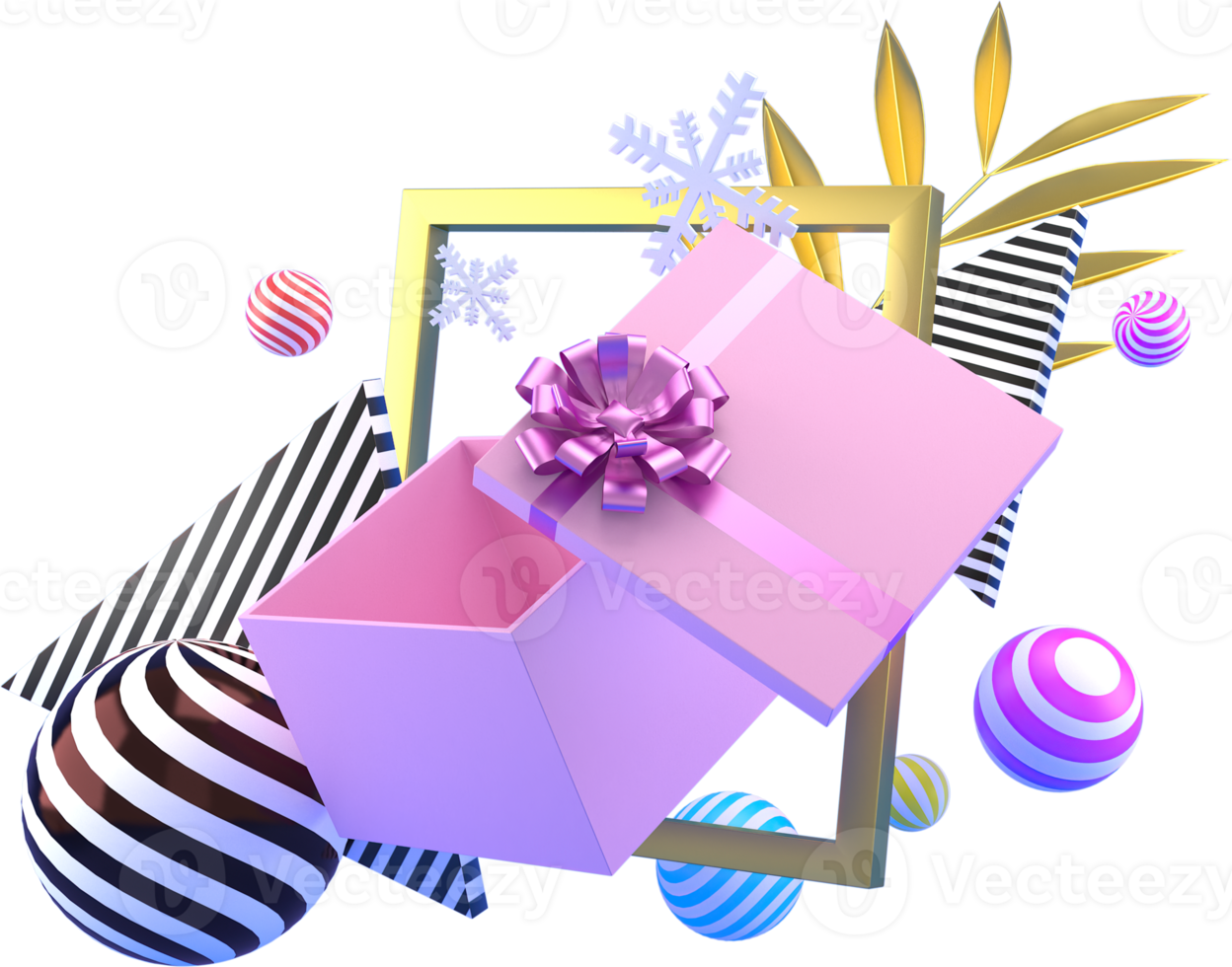 3d Rendering Christmas or new year elements background with decorative balls, and gift boxes. Colorful gifts for holidays. Modern design. png