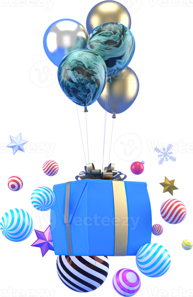 3d Rendering Christmas or new year elements background with decorative balloons,  and gift boxes. Colorful gifts for holidays. Modern design. png