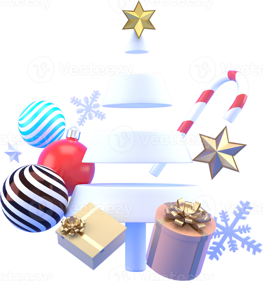 3d Rendering Christmas or new year elements background with decorative tree, ball, snow and gift boxes. Colorful gifts for holidays. Modern design. Isolated illustration png