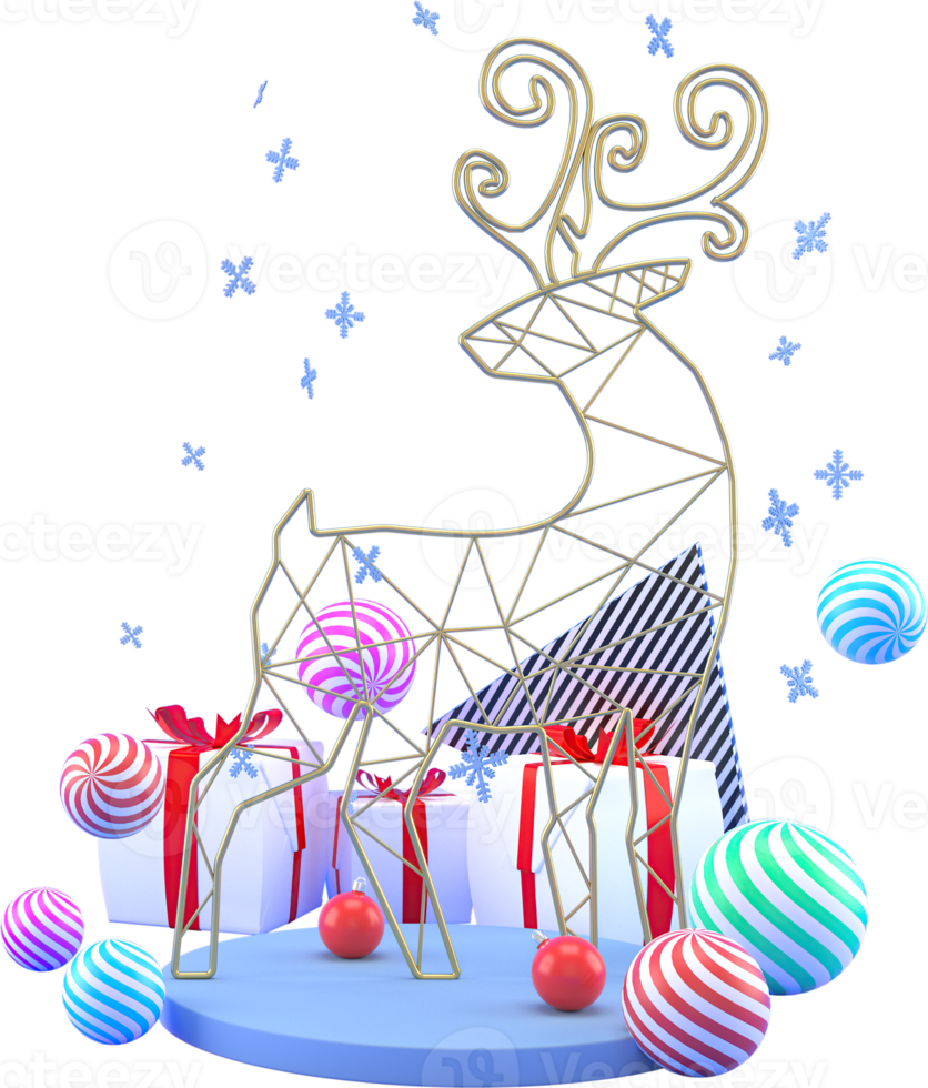 3d-rendering weihnachten oder neujahrselemente hintergrund mit dekorativen hirschen, kugeln, schnee und geschenkboxen. bunte flache geschenke für feiertage. modernes Design. png