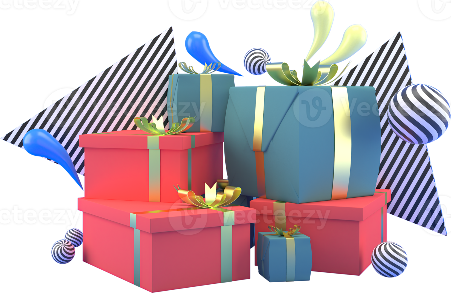 and gift boxes. Colorful gifts for holidays. Modern design. Isolated PNG illustration on transparent.