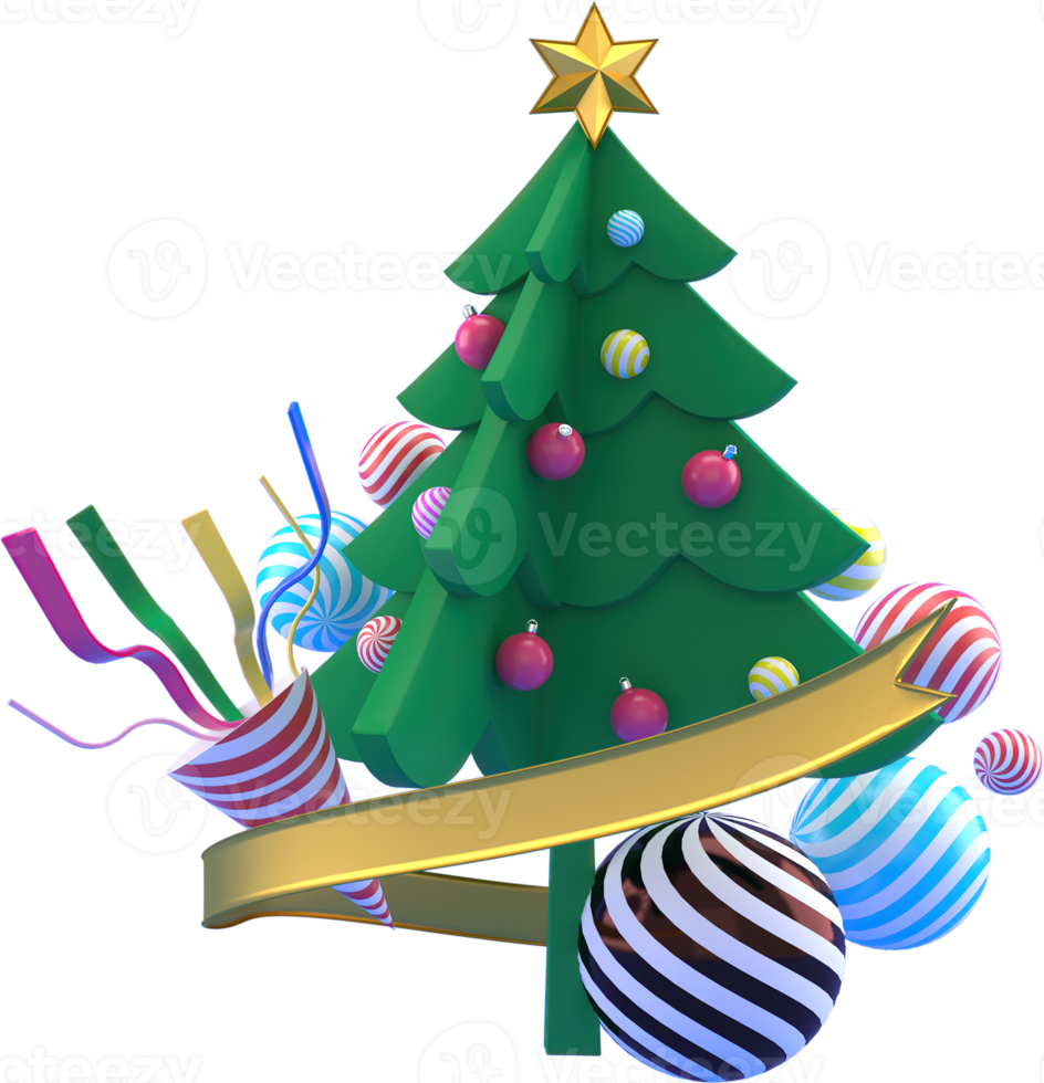 3d-rendering weihnachts- oder neujahrselementhintergrund mit dekorativem baum, ball, schnee und geschenkboxen. bunte geschenke für feiertage. modernes Design. png