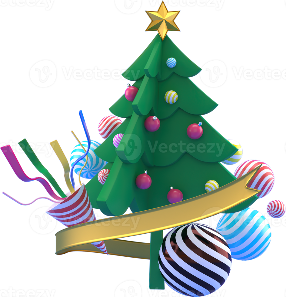 3d interpretazione Natale o nuovo anno elementi sfondo con decorativo albero, sfera, neve e regalo scatole. colorato i regali per vacanze. moderno design. png