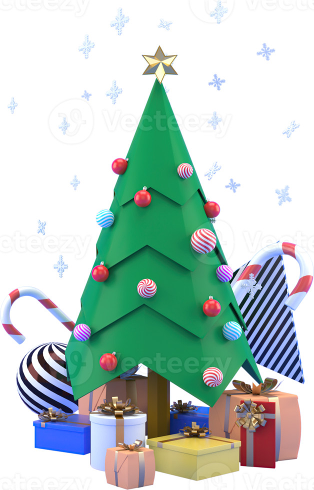 3d interpretazione Natale o nuovo anno elementi sfondo con decorativo albero, sfera, neve e regalo scatole. colorato i regali per vacanze. moderno design. png