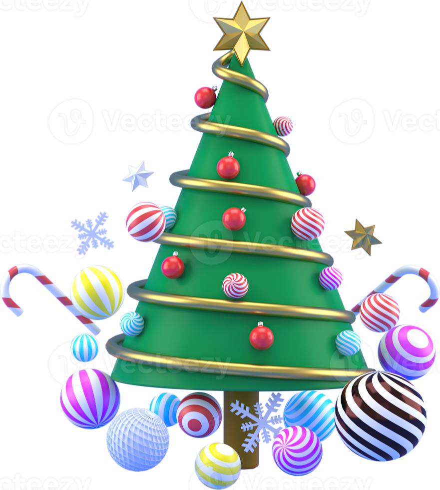 3d Rendering Christmas or new year elements background with decorative tree,  ball, snow and gift boxes. Colorful gifts for holidays. Modern design. png