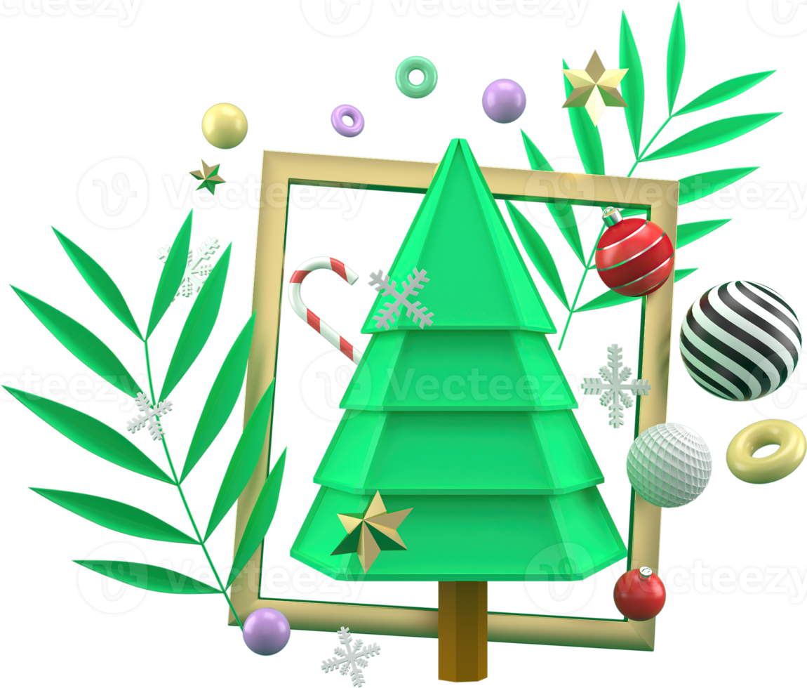 3d-rendering weihnachts- oder neujahrselementhintergrund mit dekorativem baumball, schnee und geschenk im rahmen. bunte geschenke für feiertage. modernes Design. png