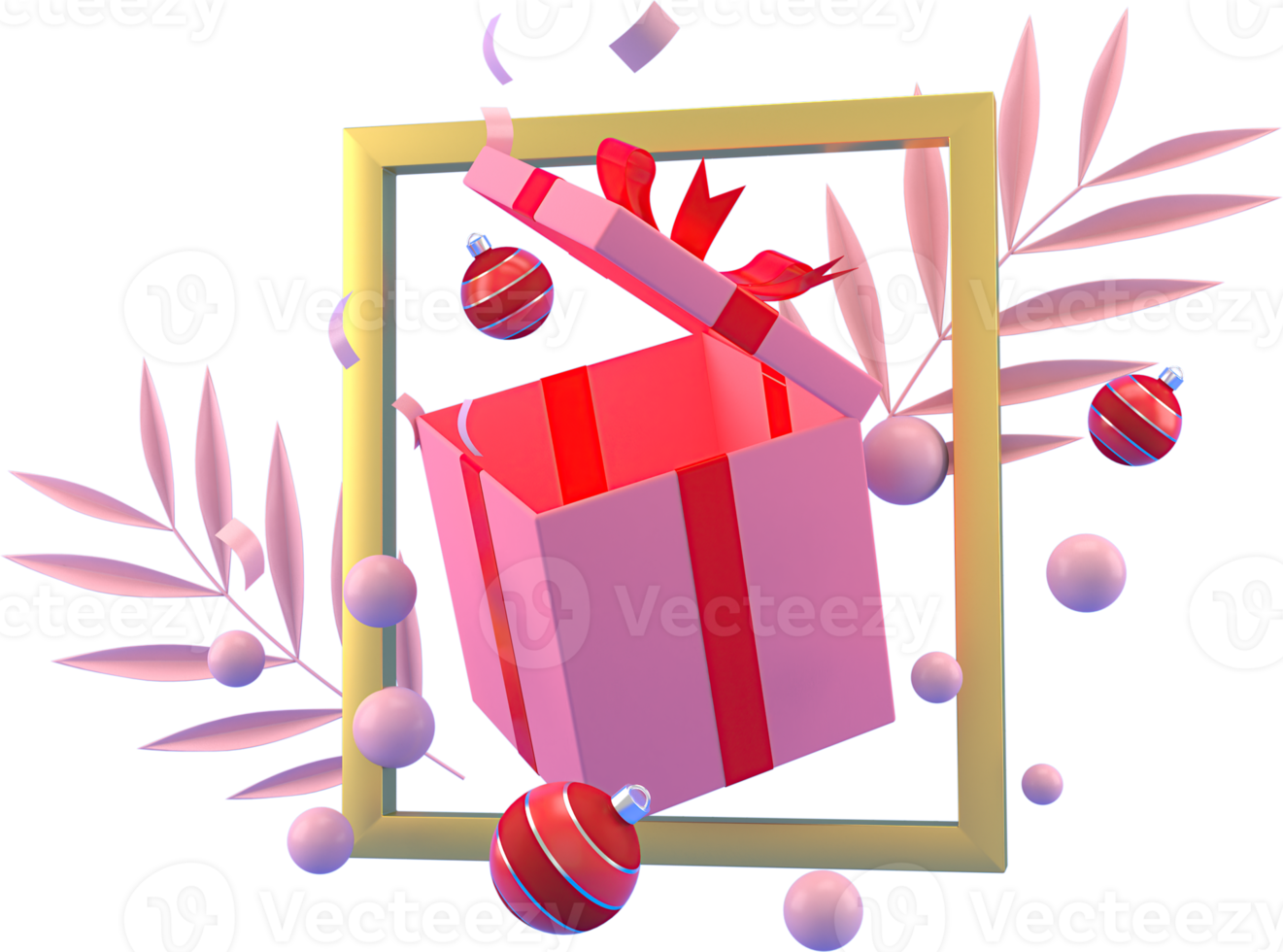 3d Rendering Christmas or new year elements background with decorative balls, and gift boxes. Colorful gifts for holidays. Modern design. png