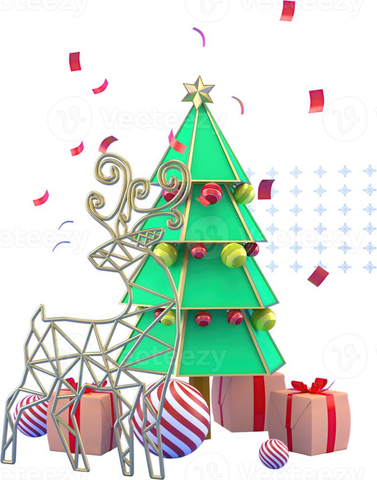 3d Rendering Christmas or new year elements background with decorative tree, deer, ball, snow and gift boxes. Colorful gifts for holidays. Modern design. png