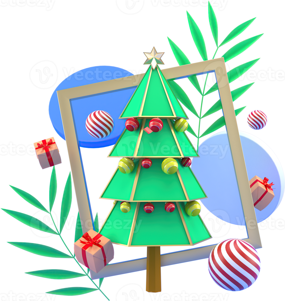 rendu 3d fond d'éléments de noël ou du nouvel an avec boule d'arbre décorative, neige et cadeau dans le cadre. cadeaux colorés pour les vacances. Design moderne. png