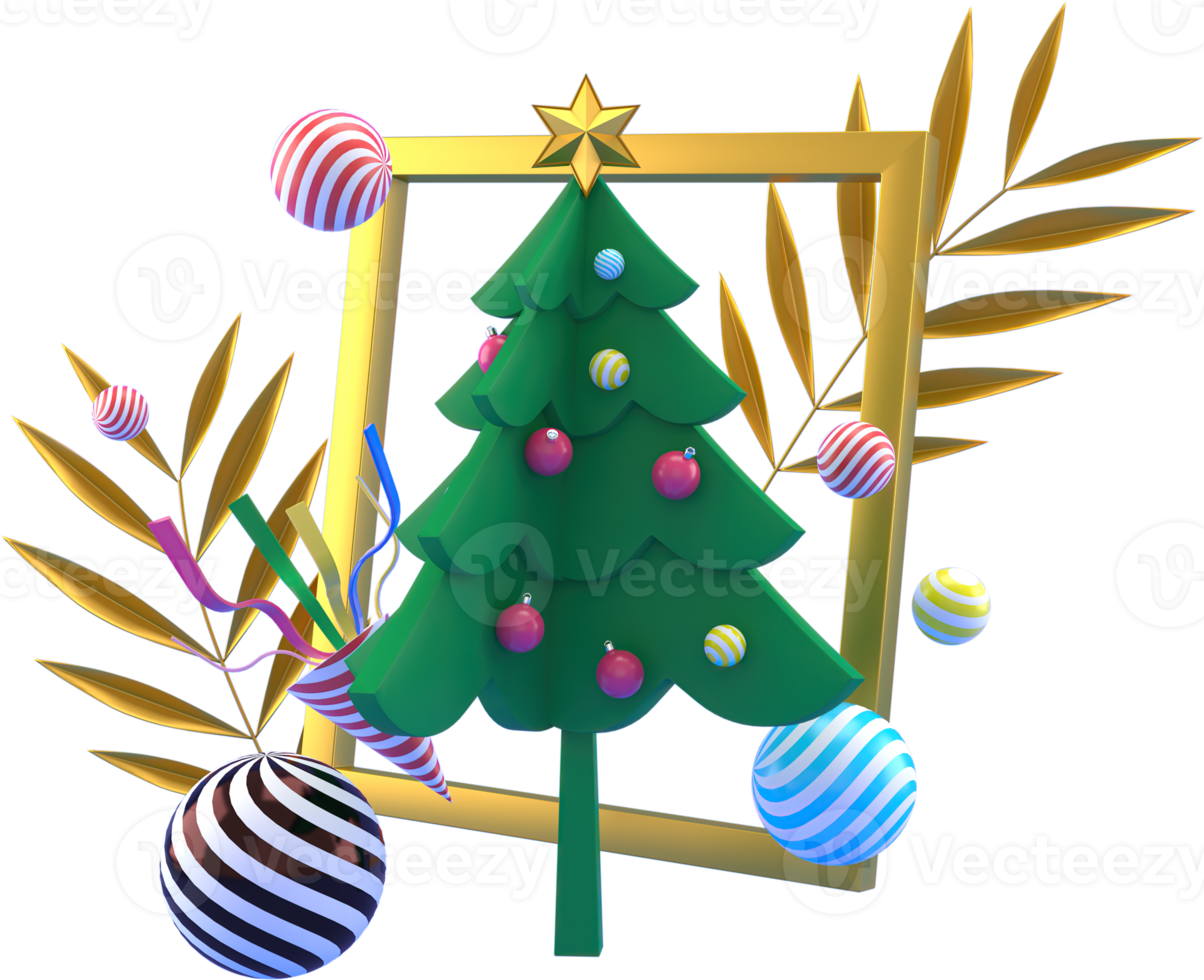 3d interpretazione Natale o nuovo anno elementi sfondo con decorativo albero sfera, neve e regalo nel telaio . colorato i regali per vacanze. moderno design. png