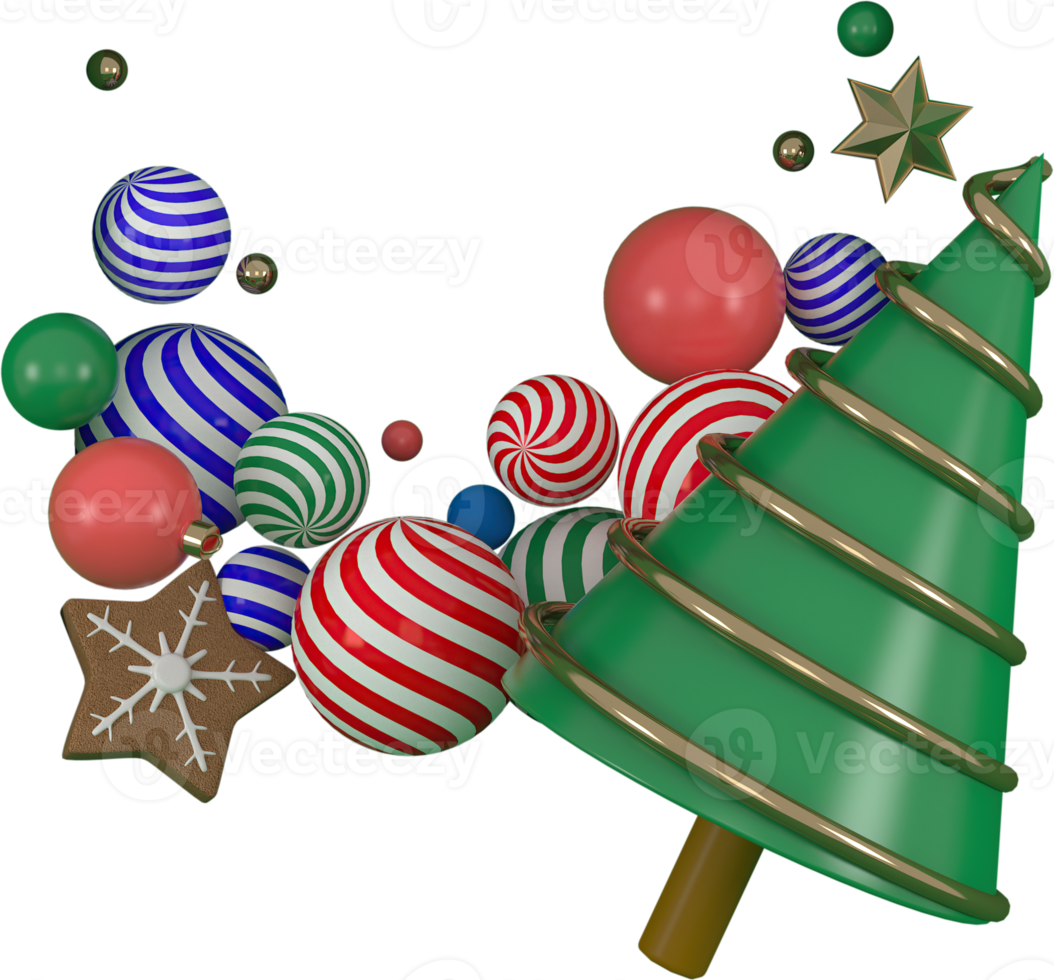 3d Rendering Christmas or new year elements background with decorative tree,  ball, snow and gift boxes. Colorful gifts for holidays. Modern design. Isolated illustration png
