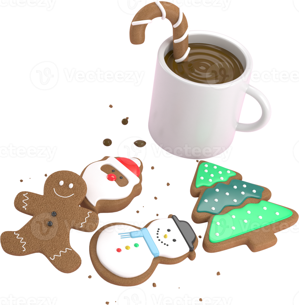 Fondo de elementos de navidad o año nuevo de representación 3d con galletas decorativas y caramelos. regalos coloridos para las vacaciones. diseño moderno. ilustración aislada. png