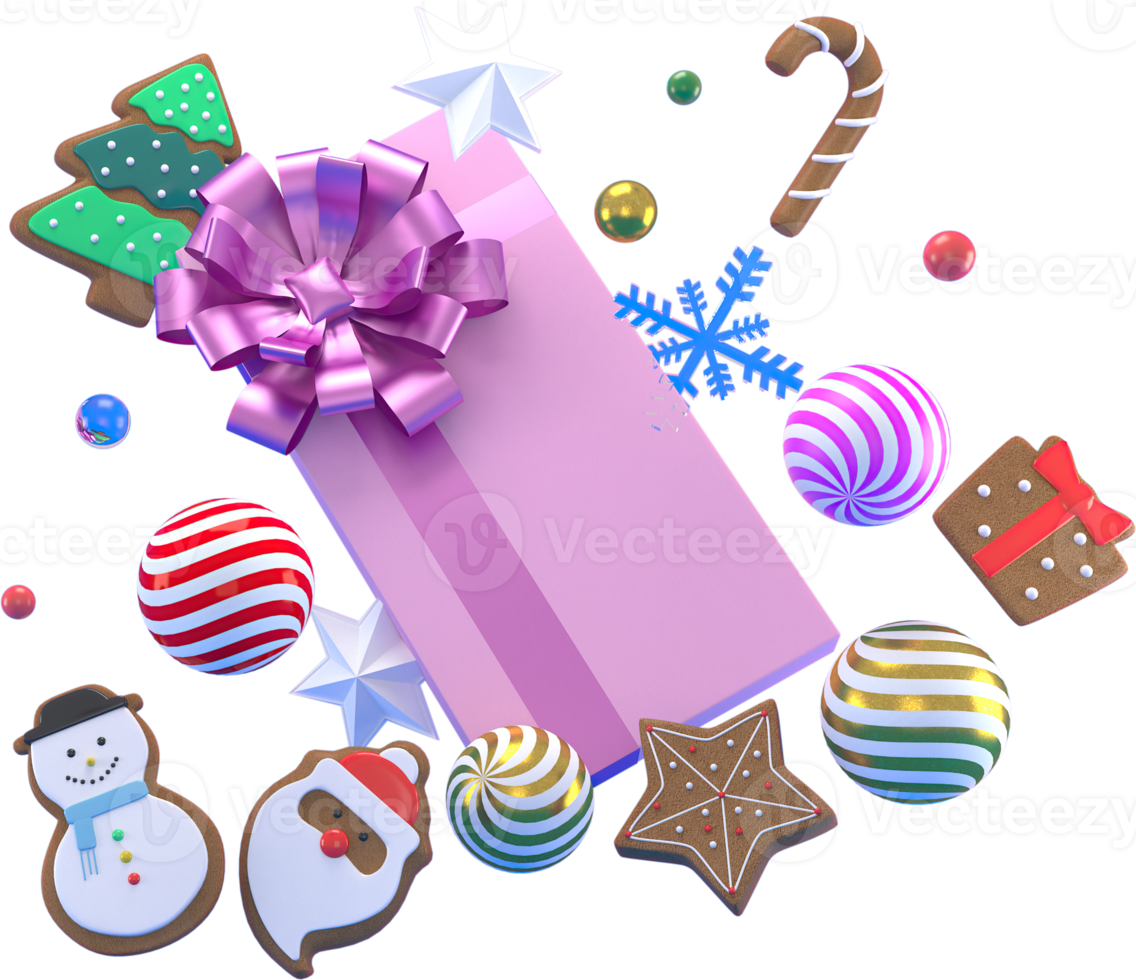 3d interpretazione Natale o nuovo anno elementi sfondo con decorativo palle, stella, neve e gif scatola. colorato i regali per vacanze. moderno design. isolato illustrazione. png