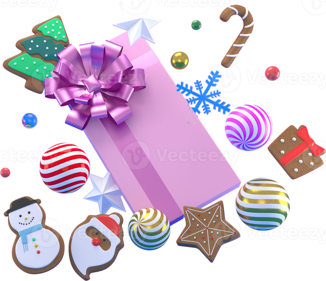 3d Rendering Christmas or new year elements background with decorative balls, star, snow and gif box. Colorful gifts for holidays. Modern design. Isolated  illustration. png