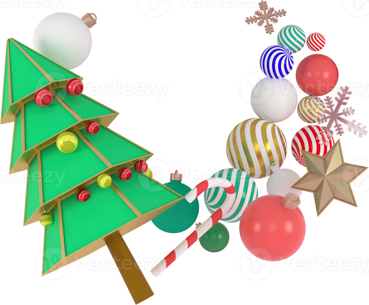 3d Rendering Christmas or new year elements background with decorative tree,  ball, snow and gift boxes. Colorful gifts for holidays. Modern design. Isolated illustration png