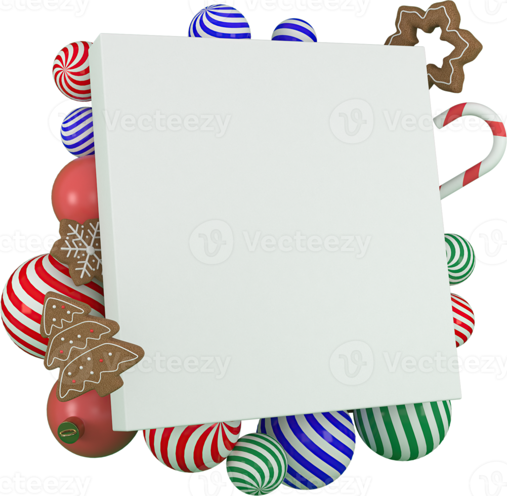 3d Rendering Christmas or new year elements background with decorative balls, star, snow and white frame. Colorful gifts for holidays. Modern design. Isolated  illustration. png