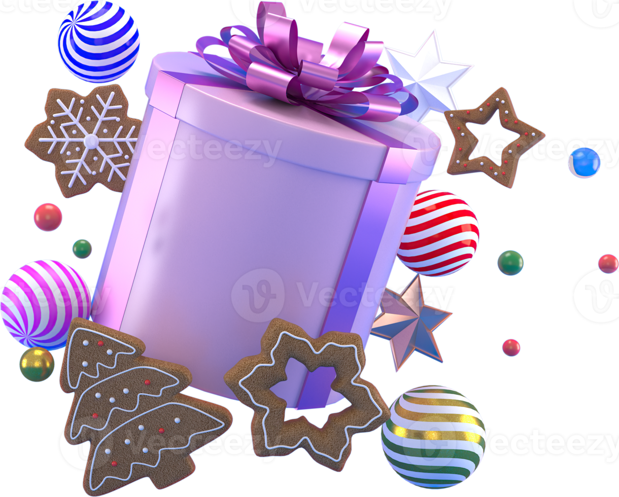 3d-rendering weihnachten oder neujahrselemente hintergrund mit dekorativen kugeln, stern, schnee und gif-box. bunte geschenke für feiertage. modernes Design. isolierte Abbildung. png