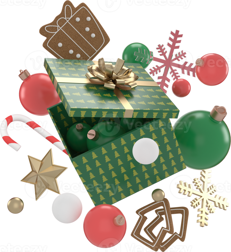 rendu 3d fond d'éléments de noël ou du nouvel an avec boules décoratives, étoile, neige et boîte gif. cadeaux colorés pour les vacances. Design moderne. illustration isolée. png