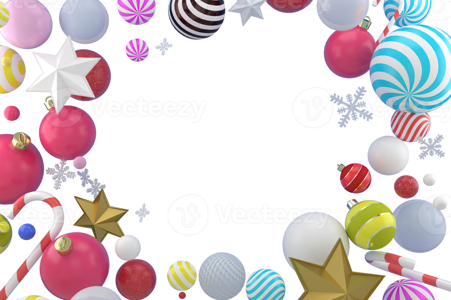 3d renderen Kerstmis of nieuw jaar elementen achtergrond met decoratief ballen, ster, sneeuw en snoep. kleurrijk cadeaus voor vakantie. modern ontwerp. geïsoleerd illustratie. png