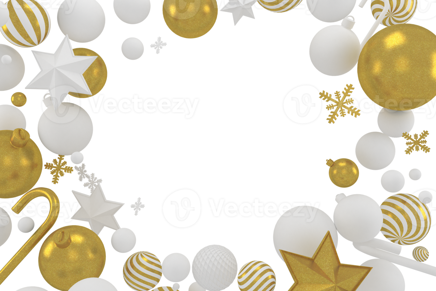 3d Rendering Christmas or new year elements background with decorative balls, star, snow and candy. Colorful gifts for holidays. Modern design. Isolated  illustration. png