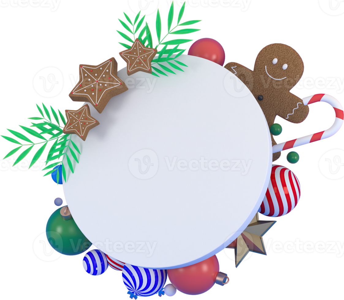 3d Rendering Christmas or new year elements background with decorative balls, star, snow and white frame. Colorful gifts for holidays. Modern design. Isolated  illustration. png
