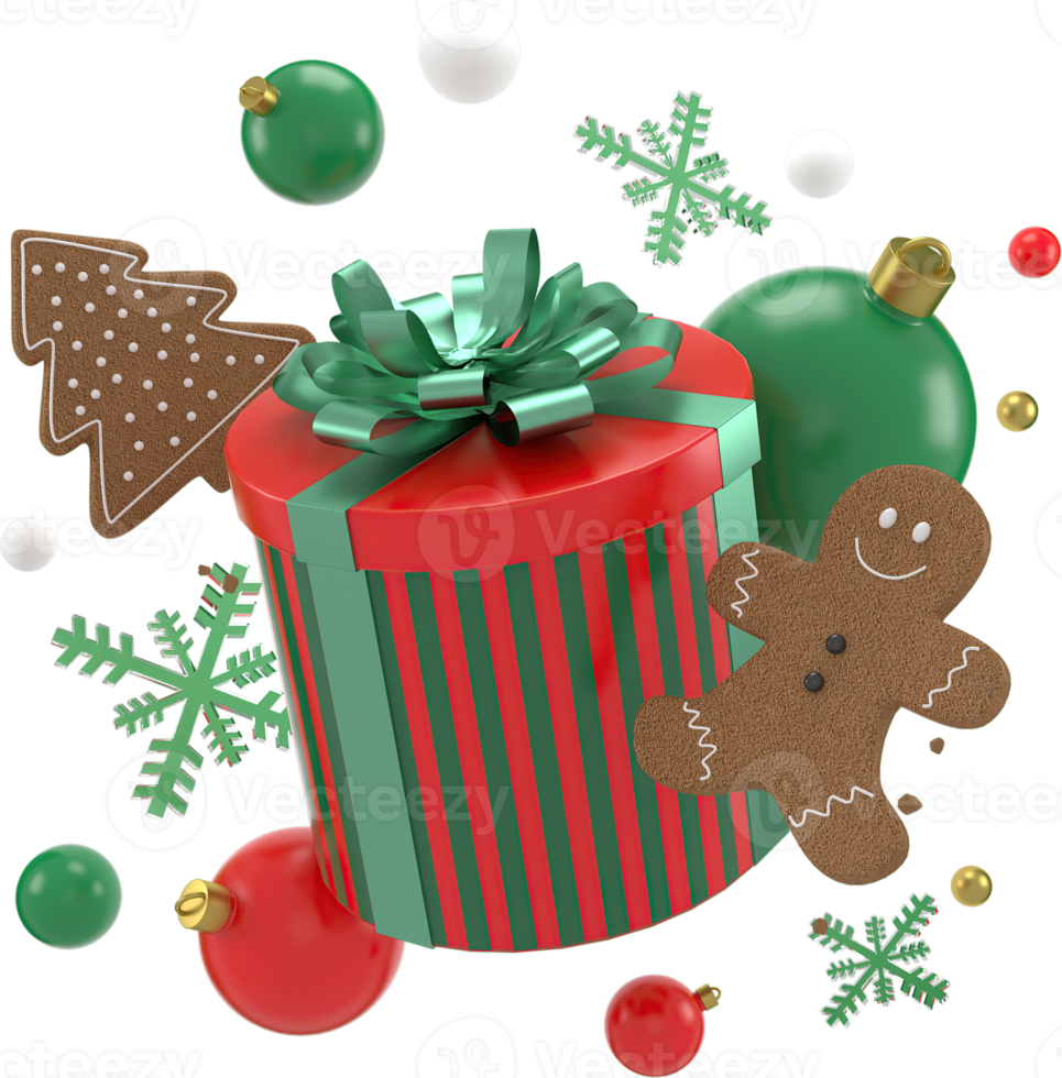 3d renderen Kerstmis of nieuw jaar elementen achtergrond met decoratief ballen, ster, sneeuw en gif doos. kleurrijk cadeaus voor vakantie. modern ontwerp. geïsoleerd illustratie. png