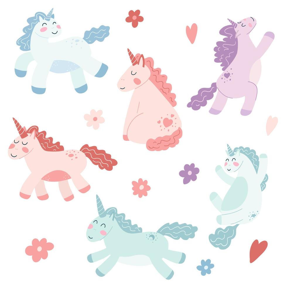 conjunto de lindos unicornios en estilo plano de dibujos animados. ilustración vectorial de caballo bebé, animal pony colorido para estampado de tela, ropa, diseño textil infantil, tarjeta vector