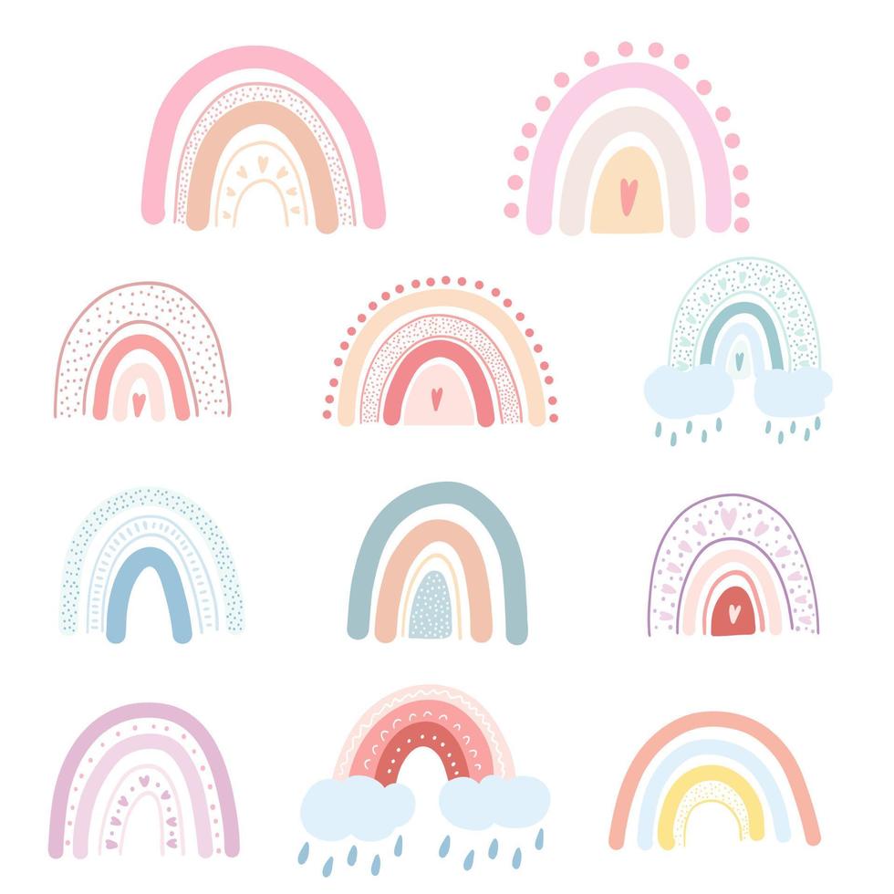 conjunto de arco iris dibujados a mano con corazones, nubes, gotas de lluvia. ilustración vectorial del colorido estilo escandinavo infantil del arco iris pastel para la impresión de tela, prendas de vestir, diseño textil infantil, tarjeta vector