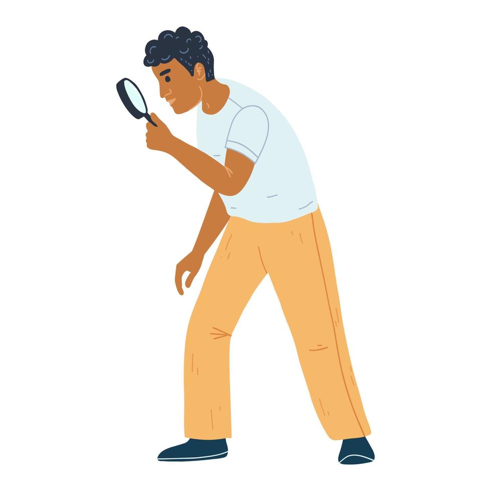 Black man with magnifying glass in flat style. Concept of frequently asked questions, search for information, looking, finding new work opportunities, vacancies, employment, career. Strategy concept vector